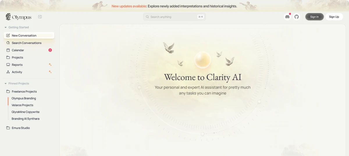 Olympus AI workspace with conversations, projects and the Clarity AI assistant